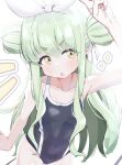  1girl :o absurdres arm_up bare_arms bare_shoulders black_one-piece_swimsuit black_tail blue_archive blush breasts collarbone competition_school_swimsuit covered_navel cowboy_shot demon_tail double_bun earrings green_hair hair_bun hair_ribbon highres hikari_(blue_archive) jewelry long_hair looking_at_viewer one-piece_swimsuit open_mouth otintinsukidesu pointy_ears ribbon school_swimsuit sidelocks simple_background small_breasts solo sparkle swimsuit tail thick_eyebrows v-shaped_eyebrows very_long_hair white_background white_ribbon yellow_eyes 