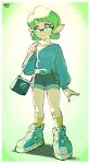  1girl artist_name bag belt black_shorts blue_eyes blue_footwear blue_shirt contemporary dreaminerryday earrings full_body green_hair hand_up highres jewelry kokiri long_sleeves nintendo pointy_ears saria shirt shoes short_hair shorts shoulder_bag socks solo standing the_legend_of_zelda the_legend_of_zelda:_ocarina_of_time yellow_legwear 