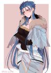  1girl blue_hair blush breasts capelet cleavage cu_chulainn_(caster)_(fate) cu_chulainn_(fate)_(all) earrings fate/grand_order fate_(series) fur-trimmed_hood fur_trim genderswap genderswap_(mtf) hood hooded_capelet jewelry long_hair namahamu_(hmhm_81) red_eyes self_hug solo spiked_hair 