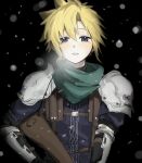  1boy armor black_background blonde_hair blue_eyes blue_jacket blush breath cloud_strife commentary crisis_core:_final_fantasy_vii final_fantasy final_fantasy_vii green_scarf gun highres holding holding_gun holding_weapon jacket looking_at_viewer male_focus parted_lips rifle scarf shinra_infantry_uniform short_hair shoulder_armor snowing solo spiked_hair suisui_434 suspenders untranslatable_commentary upper_body weapon 