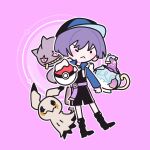  1boy :< alternate_costume aracanthus38633 arm_at_side banette belt black_boots black_shirt black_shorts blue_hat blue_jacket blue_sleeves blunt_ends blush_stickers boots broken_glass casual choppy_bangs closed_mouth collared_jacket contemporary cropped_jacket crossover full_body genshin_impact ghost glass hand_up hat highres holding holding_poke_ball jacket kettle looking_at_viewer mimikyu negative_space one_eye_closed open_clothes open_jacket outline parody peaked_cap pink_background poke_ball pokemon pokemon_(creature) polteageist popped_collar purple_belt purple_hair scaramouche_(genshin_impact) shirt shorts solo undershirt white_outline 