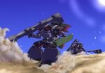  aoi_onion army black_tri-stars blue_sky commentary_request desert dom_(mobile_suit) dust_cloud energy_sword gundam highres light_rays mecha mecha_focus mobile_suit mobile_suit_gundam no_humans one-eyed original redesign robot scene_reference science_fiction shield sky sun sunbeam sunlight sword weapon zeon 