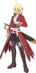  1boy ahoge artist_request black_pants blonde_hair boots brown_boots clenched_hands coat emil_castagnier emil_castagnier_(knight_uniform) full_body game_cg gloves green_eyes hand_on_own_chest highres looking_at_viewer official_alternate_costume official_art pants red_coat sheath sheathed short_hair solo standing sword tales_of_(series) tales_of_asteria tales_of_symphonia tales_of_symphonia_knight_of_ratatosk thigh_boots third-party_source transparent_background weapon white_gloves 