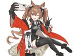  1girl ;d angelina_(arknights) animal_ear_fluff animal_ears ankle_boots arknights arknights:_endfield bare_shoulders black_boots black_gloves black_thighhighs boots brown_hair cellphone chinese_commentary coat commentary_request ersenger foot_out_of_frame gilberta_(arknights) gloves hair_between_eyes highres holding holding_phone infection_monitor_(arknights) light_blush long_hair one_eye_closed open_mouth phone red_coat red_eyes selfie simple_background sitting smartphone smile solo split_mouth thighhighs v watermark white_background 