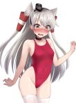  1girl alternate_costume amatsukaze_(kancolle) bangs blush breasts brown_eyes choker collarbone commentary_request competition_swimsuit covered_navel cowboy_shot eyebrows_visible_through_hair fang groin hair_tubes highleg highleg_swimsuit kantai_collection long_hair looking_at_viewer nose_blush one-piece_swimsuit open_mouth red_swimsuit sasakura_(calicchio) silver_hair simple_background skindentation small_breasts solo sweatdrop swimsuit thighhighs two_side_up white_background white_legwear windsock 