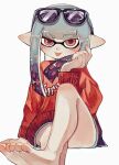  1girl barefoot black-framed_eyewear blue_hair blush commentary_request eyewear_on_head inkling inkling_girl inkling_player_character kodak_painter long_hair looking_at_viewer pointy_ears print_sweater raised_eyebrow red_eyes red_sweater revision simple_background sitting soles solo splatoon_(series) splatoon_3 sunglasses sweater tentacle_hair tongue tongue_out white_background 