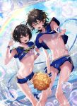  2boys :d bikini black_hair blue_nails blue_shirt blue_shorts blue_sky blush brothers bulge chain-link_fence cheerleader clothes_lift cloud cloudy_sky commentary_request crossdressing crossdressing_(mtf) double-parted_bangs ensemble_stars! fence hair_between_eyes hand_up highres holding holding_hose hose lifting_own_clothes looking_at_viewer male_focus medium_hair micro_bikini multiple_boys nail_polish navel open_mouth outdoors pom_pom_(cheerleading) rainbow red_eyes sakuma_rei_(ensemble_stars!) sakuma_ritsu shirt shirt_lift short_hair short_shorts shorts siblings side-tie_bikini_bottom sidelocks skinny sky smile stomach string_bikini swimsuit takakura_aki testicles thighs water water_drop white_bikini wind wind_lift yellow_nails 