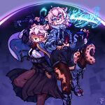 anthro aurora_(spacecamper) cheetah clothed clothing cosplay digital_media_(artwork) duo felid feline female fur hair hi_res holding_object holding_weapon juantriforce mammal markings melee_weapon mihoyo smile spots spotted_body spotted_fur sword tara_(spacecamper) weapon yellow_body yellow_fur zenless_zone_zero