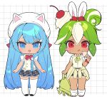  2girls :d :q absurdly_long_hair air_bubble alternate_costume animal_ears animal_hat arm_at_side backpack bag bag_charm bare_arms bare_legs black_shoes black_skirt blue_eyes blue_hair blush blush_stickers bow bowtie bracelet breasts bubble buttons cat_hat charm_(object) cherry chibi chibi_only closed_mouth clothes_around_waist collared_shirt commentary_request cookie_run cookie_run:_ovensmash cookie_run:_tower_of_adventures cream_soda_cookie crossed_bangs dark-skinned_female dark_skin dot_nose double-breasted double-parted_bangs eating fake_animal_ears flying_sweatdrops food food_on_face frilled_skirt frills fruit full_body green_bag green_bow green_bowtie green_hair grid_background hair_between_eyes hair_flaps hair_ornament hand_up hat highres holding holding_bag holding_ice_cream_cone humanization ice_cream ice_cream_cone jacket jacket_around_waist jewelry kneehighs korean_commentary long_hair melon_soda_cookie miniskirt multicolored_hair multiple_girls ohta_guk_hip open_mouth plaid_clothes plaid_skirt pleated_skirt puffy_short_sleeves puffy_sleeves rabbit_ears raised_inner_eyebrows red_bow red_bowtie red_eyes red_shoes school_uniform shirt shoes short_hair short_sleeves sidelocks simple_background single_blush_sticker skirt small_breasts smile socks standing straight-on straight_hair streaked_hair sweater_vest swept_bangs tan tanlines tareme thighhighs tongue tongue_out tsurime very_long_hair watch whipped_cream white_background white_hair white_hat white_shirt white_socks white_thighhighs wide_hips wristwatch yellow_jacket yellow_sweater_vest zettai_ryouiki 