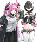  2girls absurdres arknights arknights:_endfield bare_shoulders black_coat black_hair black_pantyhose coat commentary cosplay costume_switch cowboy_shot crop_top endministrator_(arknights) eye_mask female_endministrator_(arknights) female_endministrator_(arknights)_(cosplay) grin hair_intakes highres horns leggings long_hair looking_at_viewer mask midriff multiple_girls navel off_shoulder one_eye_closed open_clothes open_coat pants pantyhose pink_hair purple_eyes simple_background smile standing stomach sweater twintails very_long_hair white_background white_pants white_sweater yagi000 yvonne_(arknights) yvonne_(arknights)_(cosplay) 