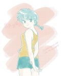  1girl blue_hair blue_shorts braid character_name highres looking_at_viewer looking_back pink_background ranma-chan ranma_1/2 shorts single_braid smile solo tank_top yellow_eyes yellow_tank_top 