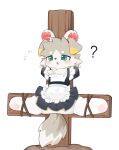 absurd_res anthro blush bodily_fluids canid canine canis cheek_tuft clothing cross digitigrade domestic_dog emanata facial_tuft feet flong floppy_ears fluffy fluffy_tail green_eyes hi_res hindpaw inverted_cross legwear lidded_eyes maid_uniform mammal neck_tuft pawpads paws question_mark restrained_arms restrained_legs simple_background solo spread_legs spreading stockings tail tears thigh_highs translucent translucent_clothing translucent_legwear translucent_stockings tuft uniform white_background