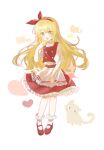  1girl apron blonde_hair buttons cat character_name commentary_request dong_yu_hei_mao ellen_(touhou) frilled_apron frilled_sleeves frilled_socks frills full_body hair_ribbon hairband hand_up heart highres long_hair looking_at_viewer mary_janes open_mouth petticoat puffy_short_sleeves puffy_sleeves red_hairband red_ribbon red_shoes red_skirt red_vest ribbon shirt shoes short_sleeves simple_background skirt socks solo touhou touhou_(pc-98) vest waist_apron white_apron white_background white_shirt white_socks yellow_eyes 