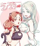  2girls :d :o age_difference alternate_costume alternate_hair_color animal_ears arm_up bad_id bad_twitter_id bell black_bra black_choker black_panties black_scrunchie bra breasts brown_hair cat_cutout cat_ear_panties cat_ears cat_girl cat_lingerie cat_tail choker cleavage_cutout clothing_cutout eyebrows_visible_through_hair eyelashes frilled_bra frills green_eyes haiba_arisa haikyuu!! hair_ornament hairclip heart heart_background jingle_bell long_hair looking_at_viewer meme_attire mijincoro multiple_girls navel neck_bell open_mouth panties paw_pose scrunchie side-tie_panties smile stomach tail teeth text_focus thighs tongue twintails underwear upper_body white_bra white_choker white_hair white_panties white_scrunchie wrist_scrunchie yamamoto_akane 