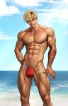  1boy abs arm_tattoo bara beach beard_stubble black_hair blonde_hair blue_eyes bracelet cloud commentary earrings english_commentary facial_hair fish_hook flower_tattoo grin groin highres indie_virtual_youtuber jewelry konatide large_pectorals looking_at_viewer male_focus male_swimwear male_underwear male_underwear_pull multicolored_hair muscular muscular_male navel necklace nipples ocean pectoral_cleavage pectorals pubic_hair pubic_hair_peek rope_bracelet seaside seductive_smile short_hair sky smile solo stubble stud_earrings swim_briefs tattoo topless_male two-tone_hair underwear veiny_crotch virtual_youtuber yueshengshi 