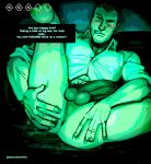  1boy anus bara blush burankoprn clenched_teeth collared_shirt english_text green_light green_theme highres large_pectorals legs_up light_frown male_focus no_i'm_not_a_human no_sclera nose one_eye_closed partially_unbuttoned pectorals perineum pubic_hair shirt sleeves_rolled_up solo spreading_own_ass sweatdrop teeth testicle_hair testicles tight_clothes tight_shirt twitter_username white_shirt 