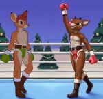 absurd_res anthro antlers bambi bambi_(film) belt boxing boxing_gloves clothing costume dcheese deer digital_media_(artwork) disney duo evergreen_tree fighting_ring fur_lined_clothing glowing glowing_nose handwear hi_res horn male mammal new_world_deer pine_tree plant raised_arm reindeer rudolph_the_red-nosed_reindeer rudolph_the_red-nosed_reindeer_(tv_special) santa_costume solo sport tree