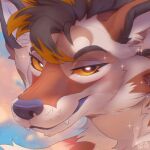 1:1 2025 ambiguous_anthro ambiguous_gender anthro black_eyes black_hair blue_sky brown_body brown_ears brown_fur canid canine cheek_tuft cloud dated facial_tuft famir fangs front_view fur hair looking_at_viewer mammal messy_hair mouth_closed multicolored_hair narrowed_eyes neck_tuft orange_hair orange_sclera pupils short_hair signature sky solo sparkles teeth tuft two_tone_hair white_body white_fur white_pupils