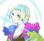  1other aik0aaac blunt_bangs braid clothing_cutout contrast_collar contrast_lapels covered_collarbone curtained_hair expressionless forehead gnosia green_eyes green_hair green_jacket half_up_braid highres jacket lapels light_particles looking_at_viewer other_focus parted_bangs parted_lips shirt short_hair shoulder_strap simple_background solo sparkle turtleneck turtleneck_shirt upper_body variant_set white_background yuri_(gnosia) 