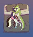  anthro bed canid canine canis clothing furniture hi_res legwear lizard male male/male mammal on_bed reptile scalie sezzo snow_wave thigh_highs wolf 