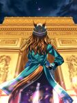  1girl animal_ears arc_de_triomphe beanie black_gloves black_pants blue_coat brown_hair coat commentary_request ears_through_headwear fingerless_gloves from_behind gloves grey_hat hand_on_own_hip hat horse_ears horse_girl horse_tail jacket long_hair long_sleeves nakayama_festa_(shichuukyuukatsu)_(umamusume) nakayama_festa_(umamusume) outdoors pants peeta real_world_location sky star_(sky) tail textless_version umamusume 