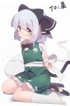  1girl absurdres back_bow black_bow black_bowtie black_hairband blush bow bowtie closed_mouth collared_shirt commentary frilled_skirt frills green_skirt green_vest grey_hair gumingdi_ban hairband highres hitodama hitodama_print konpaku_youmu konpaku_youmu_(ghost) looking_at_viewer shirt sitting skirt skirt_set socks solo tearing_up touhou vest whiskers white_bow white_shirt white_socks 