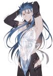  1boy alexandrite_(gemstone) arms_up artoria_pendragon_(all) artoria_pendragon_(lancer_alter)_(fate) artoria_pendragon_(lancer_alter)_(fate)_(cosplay) babydoll black_gloves black_panties blue_babydoll blue_hair bracelet choker cosplay craft_essence crossdressing cu_chulainn_(caster)_(fate) cu_chulainn_(fate)_(all) elbow_gloves fate/grand_order fate_(series) garter_belt gloves jewelry lingerie long_hair male_focus namahamu_(hmhm_81) necklace panties red_eyes revealing_clothes royal_icing see-through snowflake_print solo underwear 