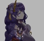  1boy 1girl arm_at_side armor arms_at_sides black_hair black_kimono black_shorts black_sleeves blunt_bangs blunt_ends braid breasts bright_pupils choppy_bangs cleavage closed_mouth eyeshadow facing_up falling fan_hair_ornament flower furisode genshin_impact gold grey_background hair_ornament hashtag-only_commentary highres japanese_armor japanese_clothes juban kimono kote kurokote layered_shorts layered_sleeves long_hair looking_at_another looking_back low-braided_long_hair low-tied_long_hair makeup medium_breasts mitsudomoe_(shape) mole mole_under_eye mother_and_son o-ring open_clothes open_hands open_kimono purple_eyes purple_flower purple_hair purple_kimono purple_rope purple_sash purple_shirt purple_shrug purple_sleeves raiden_shogun red_eyeshadow red_kimono red_sash rope sash scaramouche_(genshin_impact) scene_reference shimenawa shirt short_sleeves shorts shrug_(clothing) swept_bangs tassel tassel_hair_ornament toeless_legwear tomoe_(symbol) totomato1212 upside-down white_kimono white_pupils white_rope wide-eyed 