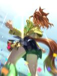  ahoge animal_ears black_shorts blue_skirt braid brown_hair clenched_hands commentary_request confetti from_above from_behind green_socks half_up_braid half_up_half_down_braid horse_ears horse_girl horse_tail jacket jungle_pocket_(champion's_battle_cry)_(umamusume) jungle_pocket_(umamusume) long_sleeves medium_hair peeta shorts shorts_under_skirt skirt socks tail textless_version umamusume yellow_jacket 