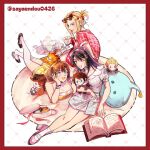  3girls bare_shoulders black_hair black_shoes blonde_hair blue_eyes book breasts brown_eyes brown_hair character_doll character_hair_ornament chocobo cleavage cup doll dress eyewear_on_head final_fantasy final_fantasy_viii full_body gloves grey_dress hair_between_eyes hair_ornament hairband hairclip head_on_hand heart heart-shaped_eyewear highres holding holding_cup irvine_kinneas jewelry large_breasts lying medium_breasts moomba multiple_girls necklace on_stomach open_book parted_lips pink_hairband pink_shoes plaid_clothes plaid_dress puffy_short_sleeves puffy_sleeves pupu_(ff8) quistis_trepe red_dress red_gloves ring ring_necklace rinoa_heartilly sayaendou0426 selphie_tilmitt shoes short_sleeves sidelocks sitting socks squall_leonhart tea tea_party teacup teapot thighhighs twintails updo white_socks white_thighhighs yellow_dress zell_dincht 