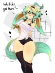 2024 accessory anthro anthrofied choker cryst_chan ear_piercing eeveelution english_text female generation_4_pokemon green_hair hair headband hi_res jewelry leafeon necklace nintendo piercing pokemon pokemon_(species) small_waist squish text thigh_squish unitard wide_hips