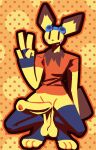  anthro baby_pok&eacute;mon balls big_penis bottomless clothed clothing crouching dakuterooty dotted_background eyewear genitals gesture goggles goggles_on_head handwear huge_penis lineless male multicolored_body neck_tuft nintendo open_mouth open_smile outline partially_clothed pattern_background penis pichu pok&eacute;mon pok&eacute;mon_(species) saggy_balls shirt simple_background smile solo t-shirt topwear tuft v_sign video_games 