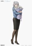  1girl absurdres an-94_(girls'_frontline) black_pantyhose black_skirt blue_coat blue_eyes coat earrings flower full_body girls'_frontline grey_hair hair_between_eyes high_heels highres hugging_object j_adsen jewelry long_hair looking_at_viewer pantyhose pencil_skirt rose simple_background skirt solo standing white_background white_flower white_rose 
