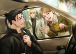  1girl 2boys alternate_costume alternate_hairstyle artist_logo badeni bag black_jacket black_shirt blonde_hair braid braided_ponytail brown_hair car_interior car_seat chi.:_chikyuu_no_undou_ni_tsuite closed_eyes coat collared_shirt commentary_request contemporary facing_another hair_over_shoulder hair_tie hand_in_pocket highres holding holding_bag iorbtyn jacket jolenta left-hand_drive logo looking_at_another medium_hair multiple_boys nose oczy open_clothes open_coat open_mouth outdoors ponytail scar scar_on_face scar_on_mouth scar_on_nose seatbelt shirt shopping_bag sideburns sitting smile standing turtleneck turtleneck_shirt unbuttoned waving white_shirt 