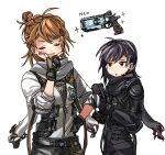  2girls :o b3_wingman b3_wingman_elite black_hair black_scarf blush brown_gloves closed_eyes english_commentary fingerless_gloves gloves grey_scarf gun hair_behind_ear hand_on_hip holding holding_gun holding_weapon kotone_a multiple_girls personification pilot_suit red_eyes revolver scarf smile titanfall_(series) titanfall_2 weapon white_background 