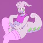  2021 absurd_res anthro balls belly blush bodily_fluids bottomless clothed clothing crop_top cum cum_drip currentlytr_ash dragon dripping erection footwear genital_fluids genitals goodra green_eyes hi_res holding_penis legwear male nintendo overweight overweight_anthro overweight_male penis pok&eacute;mon pok&eacute;mon_(species) purple_background shirt simple_background sitting socks solo tank_top thigh_highs thigh_socks topwear video_games 