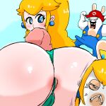 2022 angry anthro anus big_butt black_facial_hair black_mustache blonde_hair blue_background blue_clothing blue_ear_piercing blue_eyes blue_overalls buckteeth butt button_(fastener) camel_toe clothed clothed_anthro clothed_male clothing colored cross-popping_vein crossover crown digital_drawing_(artwork) digital_media_(artwork) ear_piercing erection erection_under_clothing eyelashes facial_hair female female_anthro female_human fist flexing flexing_bicep flexing_both_biceps frowning_at_viewer fur furrowed_brow gem genital_outline green_clothing green_thong green_underwear group hair hat head_on_butt headgear headwear hi_res huge_butt human japanese_description lagomorph light lighting long_ears long_hair looking_at_another looking_back looking_back_at_another male male_anthro mammal mario_bros mario_plus_rabbids_kingdom_battle mitten_hands multicolored_body muscular muscular_anthro muscular_male mustache narrowed_eyes nintendo noseless not_furry_focus open_mouth osirisky overalls piercing pink_anus pink_clothing pink_shirt pink_tongue pink_topwear princess princess_peach puckered_lips pupils rabbid rabbid_mario rabbid_peach raving_rabbids rayman_(series) red_clothing red_hat red_headwear royalty sapphire_(gem) shaded shirt simple_background squint tan_body tan_inner_ear tan_skin teeth thong tight_thong tongue topwear trio two_tone_body ubisoft underwear vulva_outline white_body white_fur white_pupils