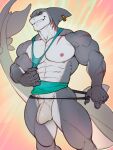 abs anthro aquatic big_muscles black_sclera blue_clothing blue_topwear bulge clothing clothing_aside detailed_bulge edvardiko fin fin_piercing fish front_view furgonomic_piercing furgonomics genital_outline grey_body grey_tail grin hi_res jockstrap looking_at_viewer male muscular muscular_anthro muscular_male nipples pecs penis_outline piercing pink_nipples portrait shark smile solo standing tail three-quarter_portrait topwear topwear_aside underwear white_body white_clothing white_jockstrap white_tail white_underwear yellow_eyes