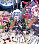  6+girls @_@ animal_ears belt black_hair black_jacket blazer blue_hair blush building collared_shirt commentary_request dress earth_(planet) flag gun hands_on_hilt highres holding holding_gun holding_weapon jacket kabaji knife long_sleeves moon_rabbit_extra_(touhou) multiple_girls open_mouth outdoors pink_belt pink_hair planet pleated_skirt ponytail rabbit_ears rabbit_girl rabbit_tail red_dress red_eyes reisen_(touhou_bougetsushou) rifle running sheath sheathed shirt single_strap skirt sunglasses sweat sword tail touhou watatsuki_no_yorihime weapon weapon_request white_shirt white_skirt 