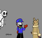 1_eye 2026 accessory ambiguous_gender anthro black_blood blood blue_clothing blue_shirt blue_suit_jacket blue_topwear bodily_fluids bread_creature bread_loaf brown_hair brush clothing colored_blood corner digital_drawing_(artwork) digital_media_(artwork) droplets empty_eye_socket eyes_closed female gloves gore group hair hair_accessory hairband handwear happy human ink ink_creature larger_female looking_at_viewer male mammal master-dream_(character) melted_female melting melty-chan monster no_eye omni-vee omni-vee_(character) open_wound paintbrush red_clothing red_gloves red_handwear red_scarf scarf shirt simple_background size_difference topwear trio unusual_blood unusual_bodily_fluids white_body wounded yellow_hairband