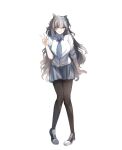  1girl absurdres black_pantyhose breasts collared_shirt double_bun green_necktie green_skirt grey_eyes grey_hair hair_between_eyes hair_bun highres hololive hololive_indonesia large_breasts long_hair long_sleeves looking_at_viewer necktie pantyhose parted_lips pleated_skirt school_uniform shirt skirt sleeves_rolled_up smile solo spicyy very_long_hair vest vestia_zeta virtual_youtuber white_shirt 