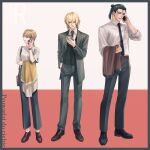  1girl 2boys alternate_costume alternate_hairstyle badeni bag black_border black_hair black_necktie black_pants black_shoes black_socks black_vest blonde_hair border braid braided_ponytail breast_pocket brown_bag brown_hair brown_necktie brown_shoes buttons cellphone chi.:_chikyuu_no_undou_ni_tsuite collared_shirt commentary_request contemporary dress_pants dress_shoes formal_clothes full_body grey_suit hand_in_pocket height_difference highres holding holding_phone holding_unworn_clothes holding_unworn_jacket iorbtyn jacket jolenta light_smile long_hair looking_to_the_side medium_hair multiple_boys necktie oczy open_mouth pants phone pocket polish_text ponytail red_background scar scar_on_face scar_on_mouth scar_on_nose shirt shirt_tucked_in shoes short_hair shoulder_bag sleeves_rolled_up smartphone socks standing suit suit_jacket talking_on_phone translation_request two-tone_background unworn_jacket vest waistcoat watch white_background white_shirt wristwatch 