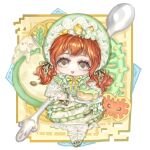  apple apple_slice artist_request border bow bowtie brown_bow brown_eyes bubble_skirt cake capelet commission dress eyelashes food food-themed_clothes food-themed_hair_ornament frilled_dress frilled_sleeves frills fruit green_bonnet green_bow green_bowtie green_capelet green_dress green_ribbon green_wrist_cuffs hair_bow hair_ornament hair_ribbon highres holding holding_plate infinity_nikki lace-trimmed_headwear lace_trim light_blush long_hair long_sleeves low_twintails medium_dress multiple_hair_bows nikki_(series) official_alternate_color open_mouth orange_hair plate puffy_long_sleeves puffy_sleeves ribbon second-party_source short_twintails skirt smile spoon striped_bow striped_clothes striped_dress sweet_memories_(infinity_nikki) tareme teeth three-quarter_sleeves twintails two-tone_dress upper_teeth_only wavy_hair white_border white_dress wrist_cuffs wrist_ribbon yellow_background yellow_bow yellow_bowtie 