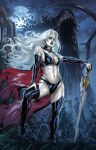  1girl 1other absurdres black_boots black_bra black_cloak black_gloves black_lips black_panties blank_eyes boots bra breasts cloak death_(entity) earrings elbow_gloves full_moon gloves grass graveyard hand_on_own_thigh highres holding holding_sword holding_weapon hood hooded_cloak jewelry lady_death lady_death_(character) long_hair looking_at_viewer medium_breasts mike_krome moon navel night outdoors panties partially_fingerless_gloves planted planted_sword scythe skull_earrings standing sword thigh_boots tombstone torn_cloak torn_clothes underwear weapon white_hair 