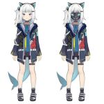  1girl absurdres animal_ears bangs blue_eyes blue_hair blush cat_ears david_bagaconza fish_tail gawr_gura highres hololive hololive_english hood jacket looking_at_viewer mask multicolored_hair open_mouth shark_tail sharp_teeth smile solo streaked_hair tail teeth virtual_youtuber 