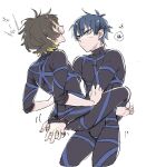  2boys antenna_hair bachira_meguru barefoot black_hair blonde_streaks blue_eyes blue_hair blue_lock blush bulge carrying carrying_person closed_mouth commentary_request dot_mouth heart hug_carry isagi_yoichi lbari_1 leg_lock looking_at_another male_focus multicolored_hair multiple_boys open_mouth short_hair simple_background sleeves_pushed_up standing_leg_lock streaked_hair translation_request white_background 