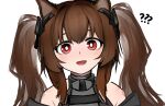  1girl :d ? ?? angelina_(arknights) animal_ears arknights arknights:_endfield bare_shoulders bright_pupils brown_hair dot_nose dress fox_ears fox_girl gilberta_(arknights) grey_dress headpiece high_collar long_hair looking_at_viewer open_mouth red_eyes simple_background sleeveless sleeveless_dress smile solo straight-on twintails upper_body wawamachi white_background white_pupils 