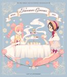  2girls ace_attorney alternate_costume artist_name black_hair blue_background closed_mouth commentary cup dress drill_hair english_commentary floral_background flower food from_side hair_rings hat highres holding holding_cup iris_wilson koichame long_hair looking_at_another multiple_girls open_mouth pink_dress pink_flower pink_hair sandwich short_hair sitting smile standing susato_mikotoba table tea_party teacup teapot the_great_ace_attorney tiered_tray white_dress 