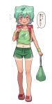  1girl :d absurdres backpack bag blush bright_pupils bulbasaur camisole commentary dolphin_shorts fangs funifuchan green_bag green_camisole green_hair green_shorts highres holding holding_bag holding_strap navel notice_lines personification pokemon randoseru red_bag red_eyes sandals short_hair shorts simple_background smile solo spaghetti_strap speech_bubble standing tan tanlines toes translation_request white_background white_pupils 