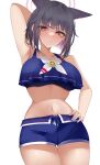  1girl absurdres animal_ears arm_behind_head arm_up armpits black_hair blue_archive blush breasts cat_ears cat_girl cheval_grand_(summer_calm_navy_drop)_(umamusume) cheval_grand_(umamusume) cheval_grand_(umamusume)_(cosplay) closed_mouth commentary cosplay costume_switch cowboy_shot halo hand_on_own_hip highres kazusa_(blue_archive) large_breasts looking_at_viewer navel pink_eyes pink_hair pink_halo short_hair simple_background solo stomach thighs umamusume voice_actor_connection white_background xkittyzx 